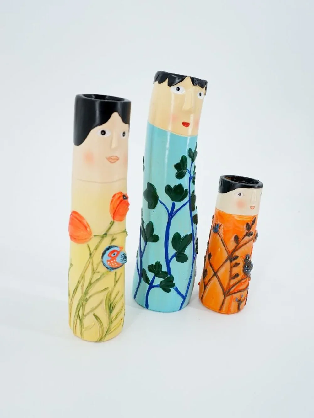 Set of 3 Hand Painted Ceramic Face Cylinder Vases, Women Floral Bird Decor